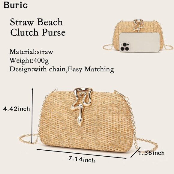 Straw Clutch Purse Women Summer Beach Handbag Woven Snake Clasp Compact - Picture 4 of 6